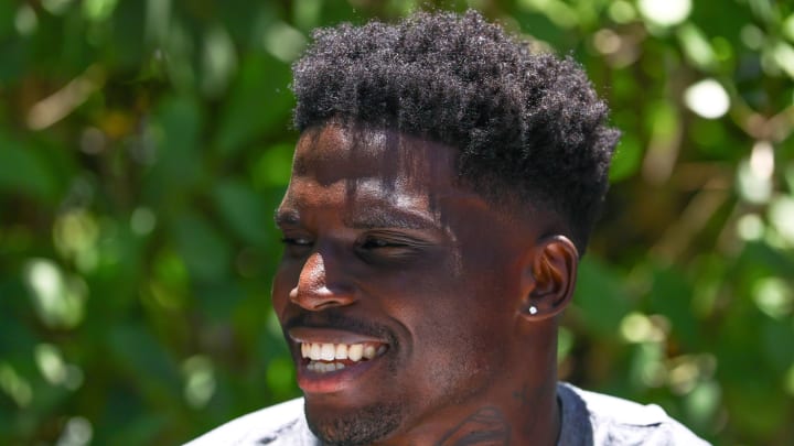 Jun 4, 2024; Miami Gardens, FL, USA; Miami Dolphins wide receiver Tyreek Hill (10) speaks to reporters during mandatory minicamp at Baptist Health Training Complex. Jun 4, 2024; Miami Gardens, FL, USA; Miami Dolphins wide receiver Tyreek Hill (10) speaks to reporters during mandatory minicamp at Baptist Health Training Complex.