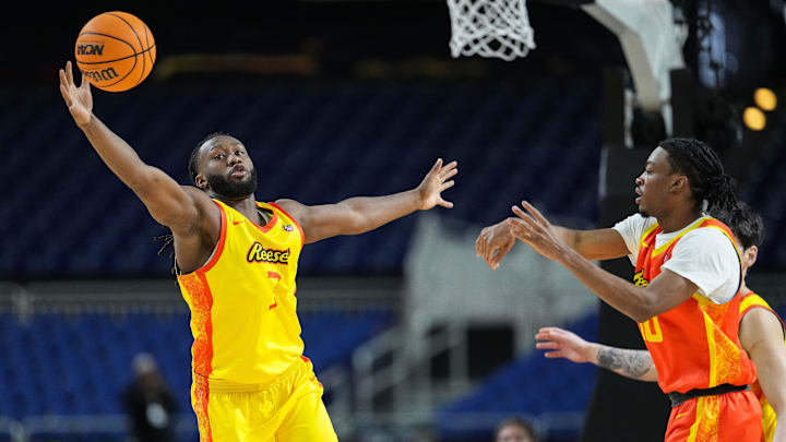 East All-Stars Ohio State Bruce Thornton (3) tips off the ball Friday, April 3, 2026, during the Reese's DI College All-Stars game at Lucas Oil Stadium in Indianapolis. East All-Stars Ohio State Bruce Thornton (3) tips off the ball Friday, April 3, 2026, during the Reese's DI College All-Stars game at Lucas Oil Stadium in Indianapolis.