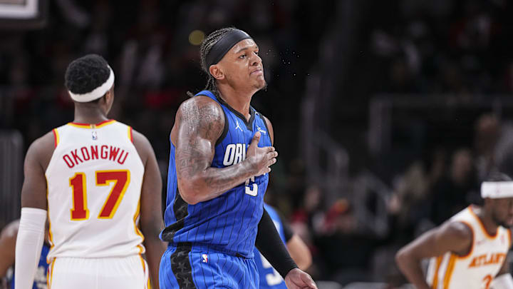 Orlando Magic forward Paolo Banchero reacts after making a three point basket late in the game