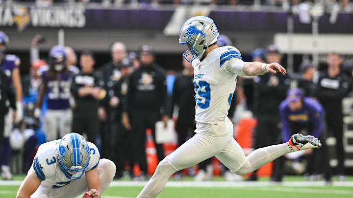 Detroit Lions place kicker Jake Bates (39). Detroit Lions place kicker Jake Bates (39).