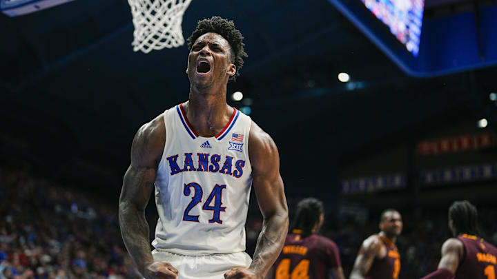 Jan 8, 2025; Lawrence, Kansas, USA; Kansas Jayhawks forward KJ Adams Jr. (24) celebrates after scoring during the second half against the Arizona State Sun Devils at Allen Fieldhouse. Mandatory Credit: Jay Biggerstaff-Imagn Images