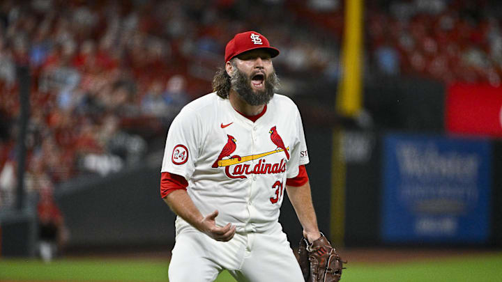Sep 17, 2024; St. Louis, Missouri, USA;  St. Louis Cardinals starting pitcher Lance Lynn (31) reacts after inning ending double play against the Pittsburgh Pirates during the fifth inning at Busch Stadium. Mandatory Credit: Jeff Curry-Imagn Images