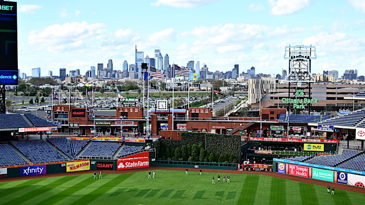 Apr 12, 2024; Philadelphia, Pennsylvania, USA; A view of the field featuring the Philadelphia Phillies City Connect logo before the game against the Pittsburgh Pirates at Citizens Bank Park. Mandatory Credit: Kyle Ross-Imagn Images