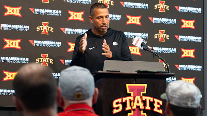 Iowa State football head coach Matt Campbell speaks during Iowa State football media day at Stark Performance Center on July 25, 2025, in Ames.