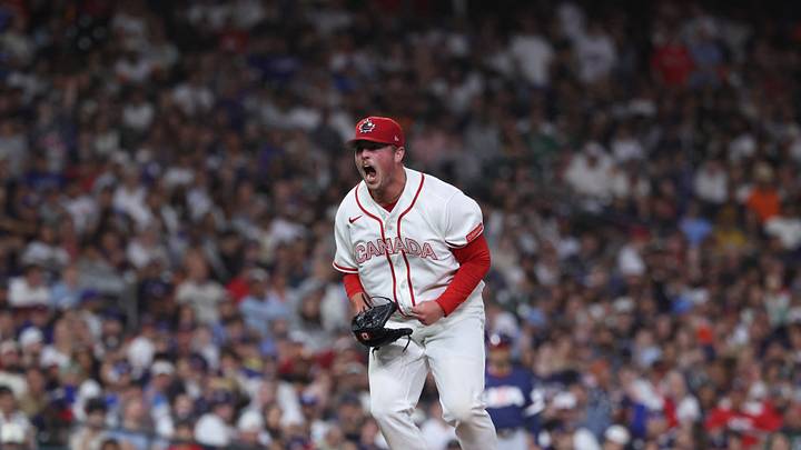 Mar 13, 2026; Houston, TX, United States; Canada relief pitcher Matt Wilkinson (35) reacts during the eighth inning against the United States during a quarterfinal game of the 2026 World Baseball Classic at Daikin Park. Mandatory Credit: Troy Taormina-Imagn Images Mar 13, 2026; Houston, TX, United States; Canada relief pitcher Matt Wilkinson (35) reacts during the eighth inning against the United States during a quarterfinal game of the 2026 World Baseball Classic at Daikin Park. Mandatory Credit: Troy Taormina-Imagn Images
