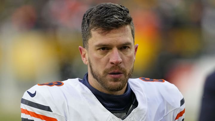 Jan 5, 2025; Green Bay, Wisconsin, USA;  Chicago Bears kicker Cairo Santos (8) following the game against the Green Bay Packers at Lambeau Field. Mandatory Credit: Jeff Hanisch-Imagn Images