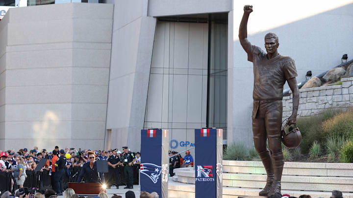  Retired New England Patriot Hall of Famer Tom Brady speaks during a statue unveiling. Mandatory Credit: Paul Rutherford-Imagn Images