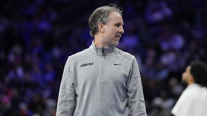 Dec 2, 2025; Philadelphia, Pennsylvania, USA; Washington Wizards head coach Brian Keefe looks on against the Philadelphia 76ers in the second quarter at Xfinity Mobile Arena. Mandatory Credit: Kyle Ross-Imagn Images