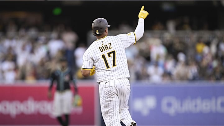 Sep 27, 2025; San Diego, California, USA; San Diego Padres catcher Elias Diaz (17) rounds the bases after hitting a solo home run during the second inning against the Arizona Diamondbacks at Petco Park. Mandatory Credit: Denis Poroy-Imagn Images