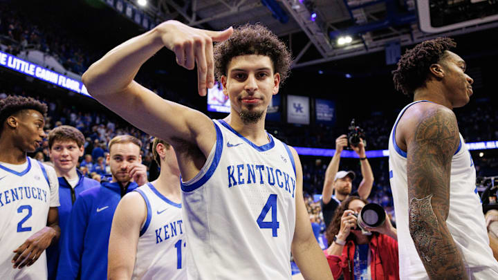 Dec 14, 2024; Lexington, Kentucky, USA; Kentucky Wildcats guard Koby Brea (4) motions to the camera after the game against the Louisville Cardinals at Rupp Arena at Central Bank Center. Mandatory Credit: Jordan Prather-Imagn Images