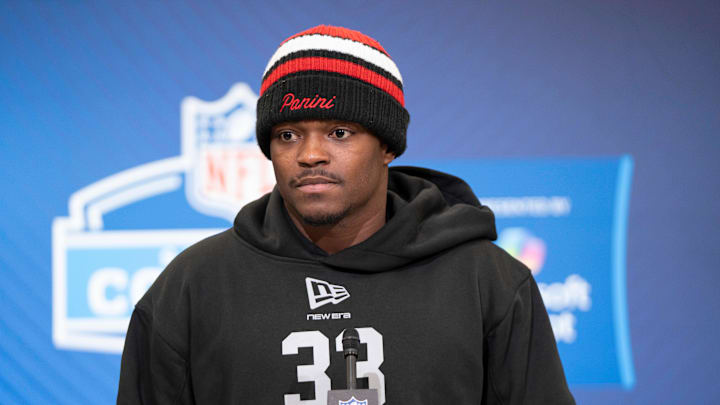 Feb 26, 2026; Indianapolis, IN, USA; TCU defensive back Bud Clark (DB33) speaks to members of the media during the NFL Combine at the Indiana Convention Center. Mandatory Credit: Jacob Musselman-Imagn Images