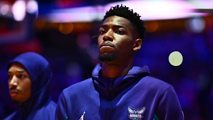 Mar 16, 2024; Philadelphia, Pennsylvania, USA; Charlotte Hornets forward Brandon Miller (24) observes the national anthem before the game against the Philadelphia 76ers at Wells Fargo Center. Mandatory Credit: Kyle Ross-Imagn Images Mar 16, 2024; Philadelphia, Pennsylvania, USA; Charlotte Hornets forward Brandon Miller (24) observes the national anthem before the game against the Philadelphia 76ers at Wells Fargo Center. Mandatory Credit: Kyle Ross-Imagn Images