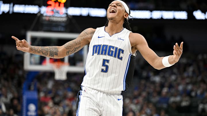 Orlando Magic forward Paolo Banchero celebrates during the second quarter against the Dallas Mavericks.