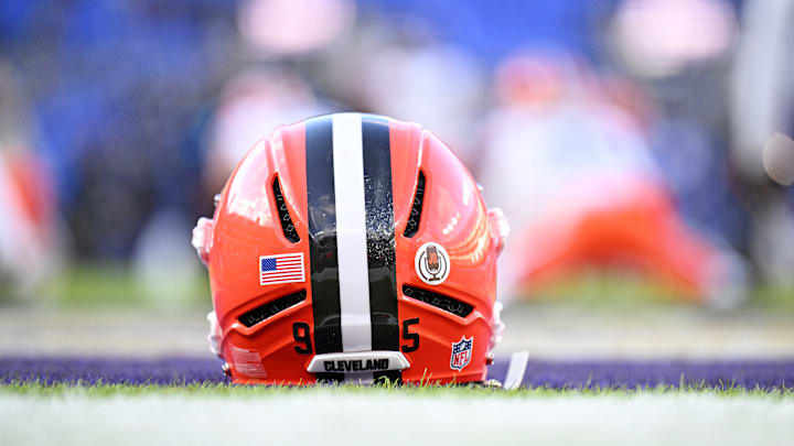 Jan 4, 2025; Baltimore, Maryland, USA; A view of the Cleveland Browns helmet before the game against Baltimore Ravens at M&T Bank Stadium. Mandatory Credit: Tommy Gilligan-Imagn Images