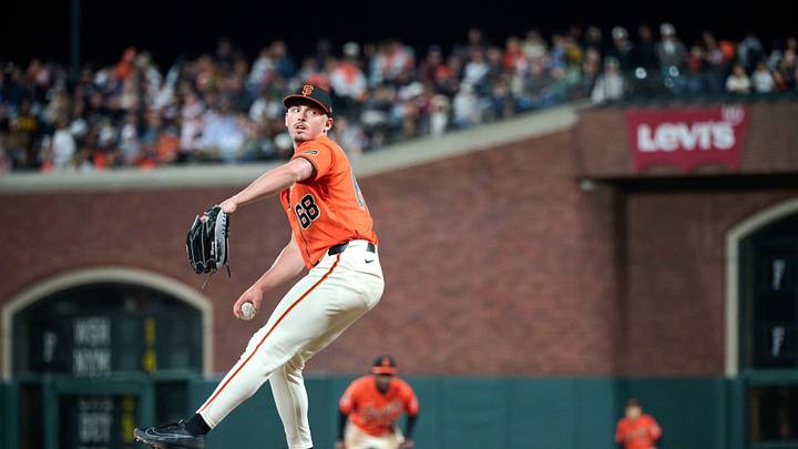 Aug 14, 2026; San Francisco, California, USA; San Francisco Giants pitcher Trent Harris (68) throws a pitch against the Colorado Rockies during the seventh inning at Oracle Park. Mandatory Credit: Robert Edwards-Imagn Images