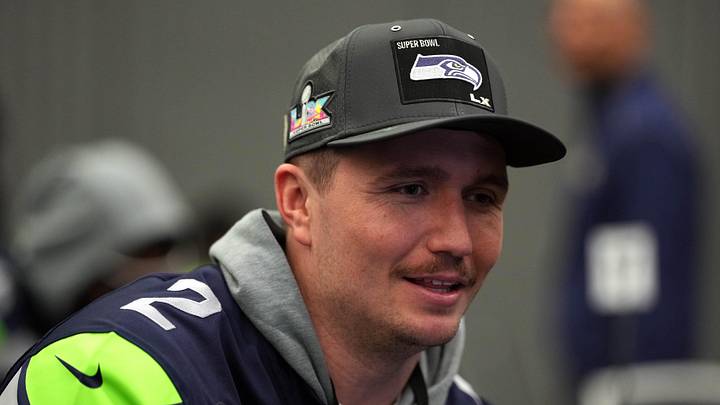 Seattle Seahawks quarterback Drew Lock talks to media members