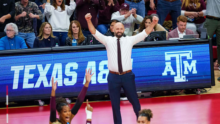 Dec 14, 2025; Lincoln, NE, USA; Texas A&M Aggies head coach Jamie Morrison reacts after a point against the Nebraska Cornhuskers during the first set at Bob Devaney Sports Center. Mandatory Credit: Dylan Widger-Imagn Images Dec 14, 2025; Lincoln, NE, USA; Texas A&M Aggies head coach Jamie Morrison reacts after a point against the Nebraska Cornhuskers during the first set at Bob Devaney Sports Center. Mandatory Credit: Dylan Widger-Imagn Images