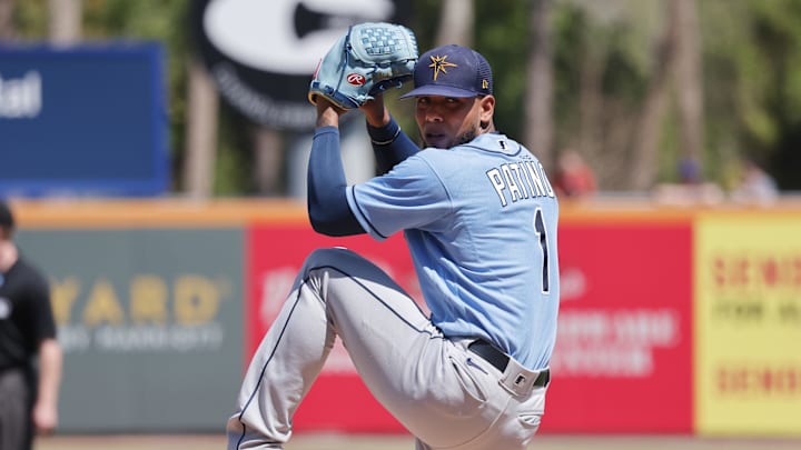 Tampa Bay Rays starting pitcher Luis Patino (1) throws a warmup pitch before his first inning against the New York Mets at Clover Park in 2023.