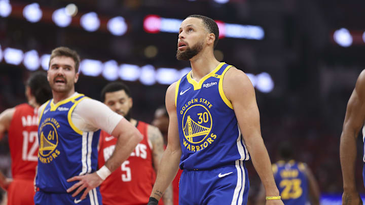 Golden State Warriors guard Stephen Curry (30) reacts after a play during the second quarter during game two of the first round for the 2024 NBA Playoffs against the Houston Rockets at Toyota Center.
