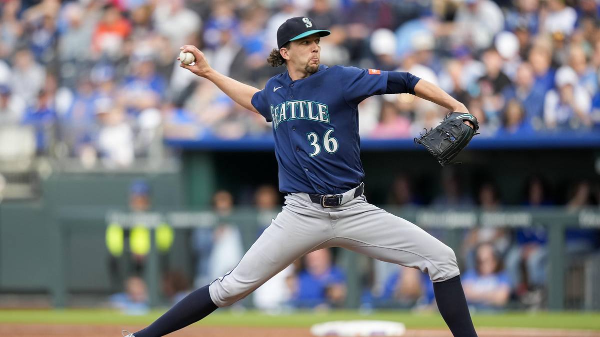 Seattle Mariners right-hander Logan Gilbert throwing a pitch during a 2026 game against the Kansas City Royals at Kauffman Stadium