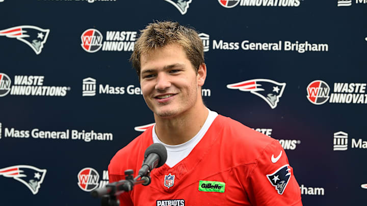 Jun 9, 2025; Foxborough, MA, USA; New England Patriots quarterback Drake Maye (10) holds a press conference after minicamp at Gillette Stadium. Mandatory Credit: Eric Canha-Imagn Images
