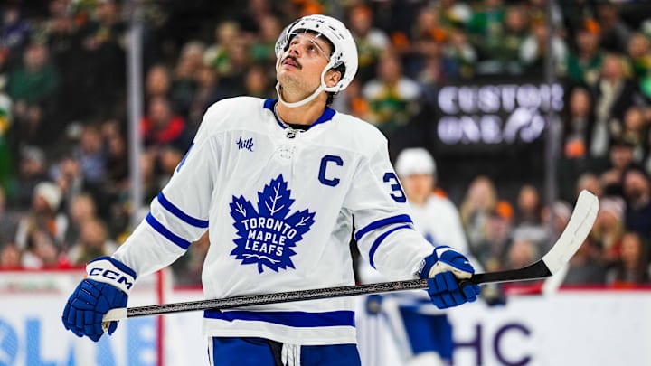 Nov 3, 2024; Saint Paul, Minnesota, USA; Toronto Maple Leafs center Auston Matthews (34) looks on during a game between the Minnesota Wild and Toronto Maple Leafs at Xcel Energy Center. Mandatory Credit: Brace Hemmelgarn-Imagn Images