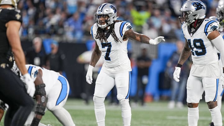 Sep 18, 2023; Charlotte, North Carolina, USA;Carolina Panthers linebacker Shaq Thompson (7) during the first quarter against the New Orleans Saints at Bank of America Stadium.