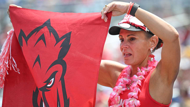 An Arkansas Razorbacks fan holds a flag during the game against the Murray State Racers at Charles Schwab Field. An Arkansas Razorbacks fan holds a flag during the game against the Murray State Racers at Charles Schwab Field.