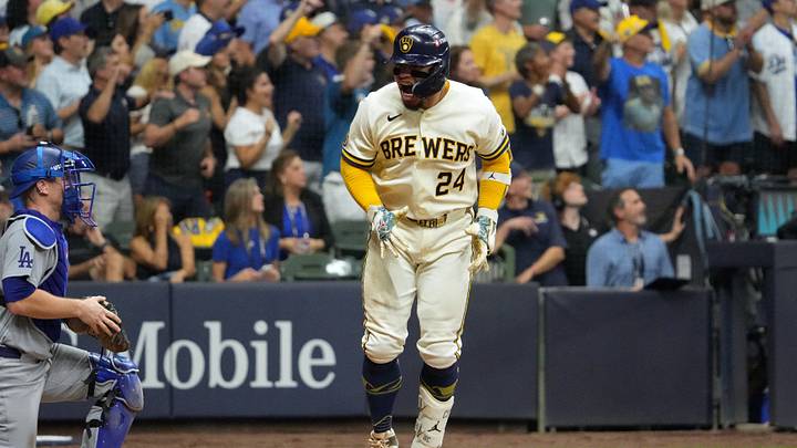 Oct 12, 2026; Milwaukee, Wisconsin, USA; Milwaukee Brewers catcher William Contreras (24) reacts after hitting an RBI single against Los Angeles Dodgers pitcher Brock Stewart (not pictured) during the sixth inning in game two of the NLCS for the 2026 MLB Playoffs at American Family Field. Mandatory Credit: Michael McLoone-Imagn Images Oct 12, 2026; Milwaukee, Wisconsin, USA; Milwaukee Brewers catcher William Contreras (24) reacts after hitting an RBI single against Los Angeles Dodgers pitcher Brock Stewart (not pictured) during the sixth inning in game two of the NLCS for the 2026 MLB Playoffs at American Family Field. Mandatory Credit: Michael McLoone-Imagn Images