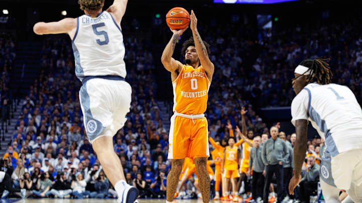 Feb 7, 2026; Lexington, Kentucky, USA; Tennessee Volunteers guard Ja'kobi Gillespie (0) scores a three-point basket during the first half against the Kentucky Wildcats at Rupp Arena at Central Bank Center. Mandatory Credit: Jordan Prather-Imagn Images