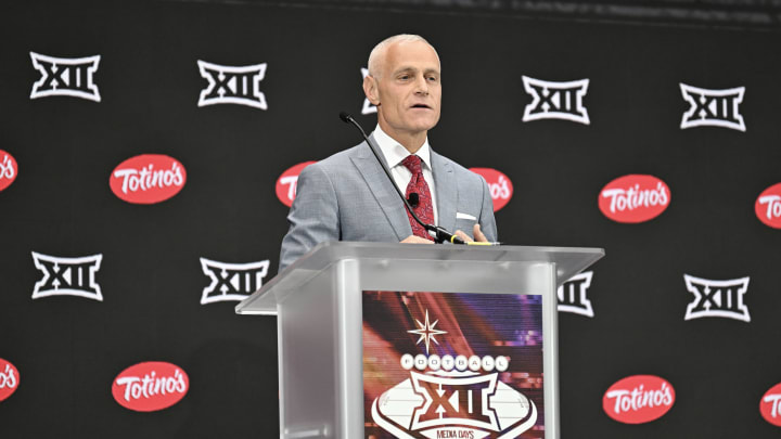 Jul 9, 2024; Las Vegas, NV, USA; Big 12 Conference commissioner Brett Yormark speaks to the media during the Big 12 Media Days at Allegiant Stadium. Mandatory Credit: Candice Ward-USA TODAY Sports Jul 9, 2024; Las Vegas, NV, USA; Big 12 Conference commissioner Brett Yormark speaks to the media during the Big 12 Media Days at Allegiant Stadium. Mandatory Credit: Candice Ward-USA TODAY Sports