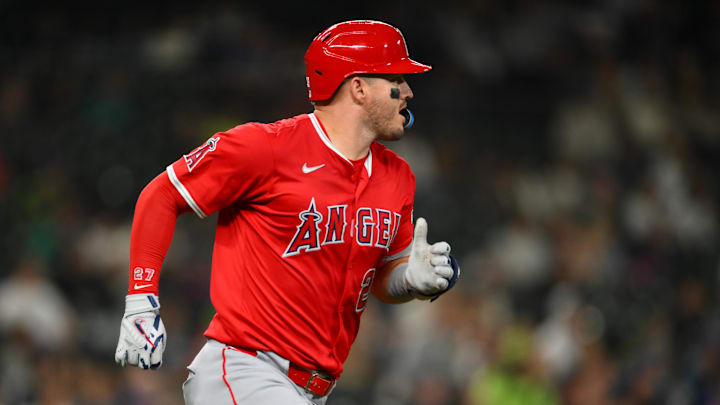 Sep 11, 2025; Seattle, Washington, USA; Los Angeles Angels designated hitter Mike Trout (27) runs the bases after hitting a home run against the Seattle Mariners during the fifth inning at T-Mobile Park. Mandatory Credit: Steven Bisig-Imagn Images