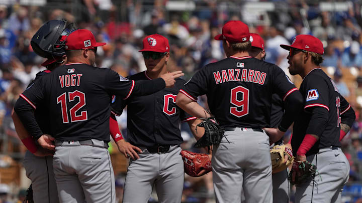 Mar 11, 2025; Phoenix, Arizona, USA; Cleveland Guardians manager Stephen Vogt (12) talks to his team in the first inning against the Los Angeles Dodgers at Camelback Ranch-Glendale. Mandatory Credit: Rick Scuteri-Imagn Images