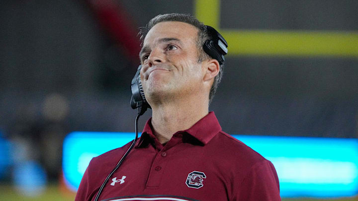 Sep 20, 2025; Columbia, Missouri, USA; South Carolina Gamecocks head coach Shane Beamer reacts to play against the Missouri Tigers during the second half of the game at Faurot Field at Memorial Stadium. Mandatory Credit: Denny Medley-Imagn Images