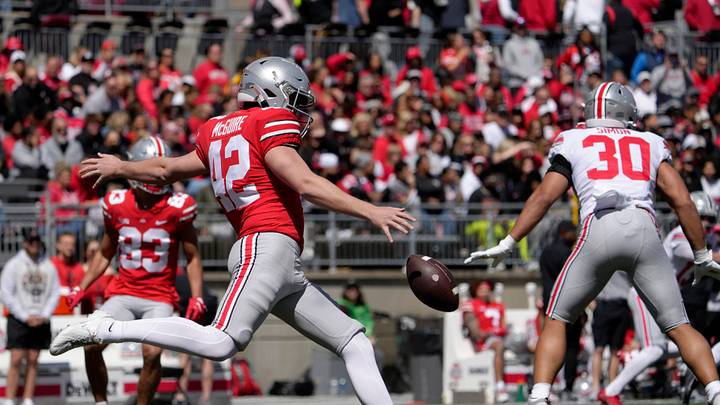 April 13, 2024; Columbus, Ohio, USA;
Ohio State Buckeyes punter Joe McGuire (42) competes with the scarlet team during the first half of the LifeSports spring football game at Ohio Stadium on Saturday. April 13, 2024; Columbus, Ohio, USA;
Ohio State Buckeyes punter Joe McGuire (42) competes with the scarlet team during the first half of the LifeSports spring football game at Ohio Stadium on Saturday.