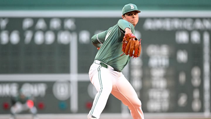 May 1, 2026; Boston, Massachusetts, USA; Boston Red Sox pitcher Jake Bennett (64) pitches against the Houston Astros during the first inning at Fenway Park. Mandatory Credit: Brian Fluharty-Imagn Images