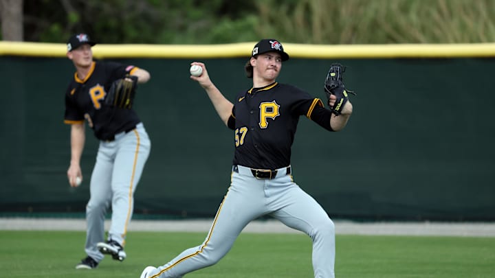 Pittsburgh Pirates pitcher Bubba Chandler and pitcher Mitch Keller (23) during spring training works out at Pirate City on Feb. 12.