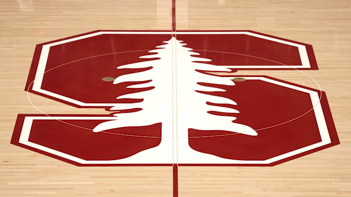 Dec 18, 2022; Stanford, California, USA; A view of the Stanford Cardinal logo at center court before the game against the Tennessee Lady Vols at Maples Pavilion. Mandatory Credit: Darren Yamashita-Imagn Images