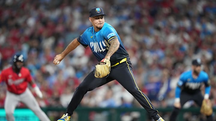 Aug 29, 2025; Philadelphia, Pennsylvania, USA; Philadelphia Phillies relief pitcher Orion Kerkering (50) throws a pitch against the Atlanta Braves in the eighth inning at Citizens Bank Park. Mandatory Credit: Kyle Ross-Imagn Images Aug 29, 2025; Philadelphia, Pennsylvania, USA; Philadelphia Phillies relief pitcher Orion Kerkering (50) throws a pitch against the Atlanta Braves in the eighth inning at Citizens Bank Park. Mandatory Credit: Kyle Ross-Imagn Images