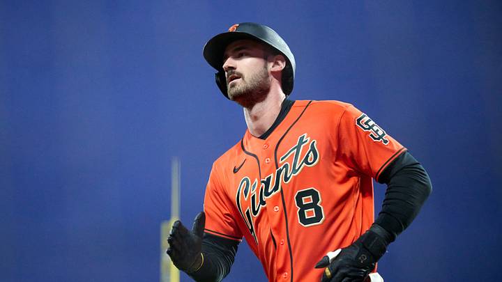 San Francisco, California, USA; San Francisco Giants designated hitter Bryce Eldridge (8) runs to the dugout after hitting a solo home run against Colorado Rockies starting pitcher Kyle Freeland (not pictured) during the fourth inning at Oracle Park. Mandatory Credit: Robert Edwards-Imagn Images