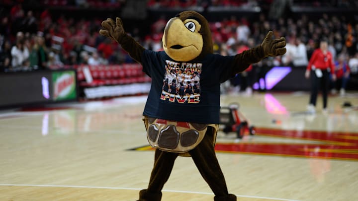 Feb 26, 2025; College Park, Maryland, USA; Maryland Terrapins mascot performs during the first half of the game between the Maryland Terrapins and the Michigan State Spartans at Xfinity Center. Mandatory Credit: Reggie Hildred-Imagn Images