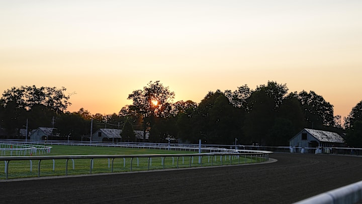 Jun 3, 2025; Saratoga, NY, USA; A general view of the morning sunrise over the Oklahoma Training track at Saratoga Race Course. Jun 3, 2025; Saratoga, NY, USA; A general view of the morning sunrise over the Oklahoma Training track at Saratoga Race Course.