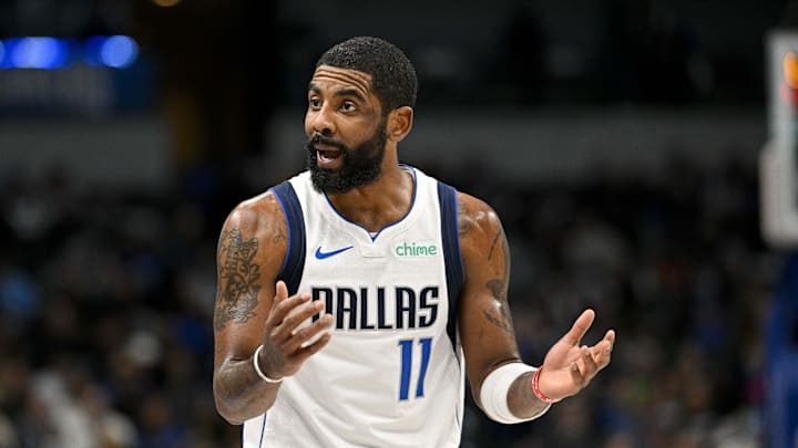 Jan 9, 2024; Dallas, Texas, USA; Dallas Mavericks guard Kyrie Irving (11) reacts to a call during the first quarter against the Memphis Grizzlies at the American Airlines Center. Mandatory Credit: Jerome Miron-Imagn Images Jan 9, 2024; Dallas, Texas, USA; Dallas Mavericks guard Kyrie Irving (11) reacts to a call during the first quarter against the Memphis Grizzlies at the American Airlines Center. Mandatory Credit: Jerome Miron-Imagn Images