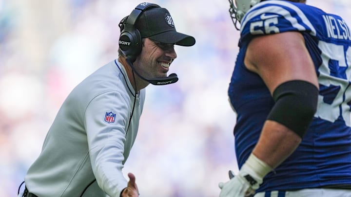 Indianapolis Colts head coach Shane Steichen high-fives Indianapolis Colts guard Quenton Nelson (56) on Sunday, Sept. 7, 2025, during the game at Lucas Oil Stadium in Indianapolis. The Indianapolis Colts defeated the Miami Dolphins, 33-8.