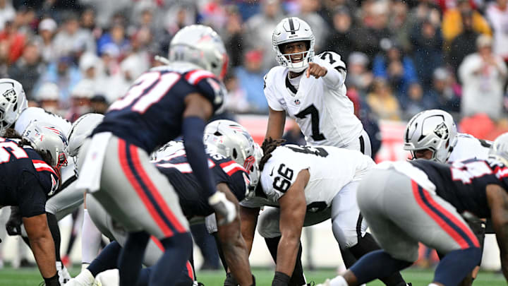 Sep 7, 2025; Foxborough, Massachusetts, USA;  Las Vegas Raiders quarterback Geno Smith (7) during the second half at Gillette Stadium. Mandatory Credit: Brian Fluharty-Imagn Images