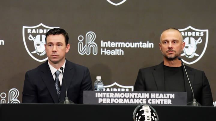 Feb 10, 2026; Henderson, NV, USA;  Las Vegas Raiders coach Klint Kubiak (left) and general manager John Spytek at introductory press conference at Intermountain Health Performance Center. Mandatory Credit: Kirby Lee-Imagn Images