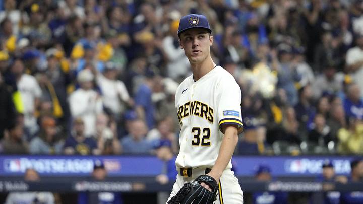 Oct 11, 2026; Milwaukee, Wisconsin, USA; Milwaukee Brewers pitcher Jacob Misiorowski (32) is relieved during the fifth inning in game one of the NLCS for the 2026 MLB Playoffs against the Los Angeles Dodgers at American Family Field. Mandatory Credit: Michael McLoone-Imagn Images Oct 11, 2026; Milwaukee, Wisconsin, USA; Milwaukee Brewers pitcher Jacob Misiorowski (32) is relieved during the fifth inning in game one of the NLCS for the 2026 MLB Playoffs against the Los Angeles Dodgers at American Family Field. Mandatory Credit: Michael McLoone-Imagn Images