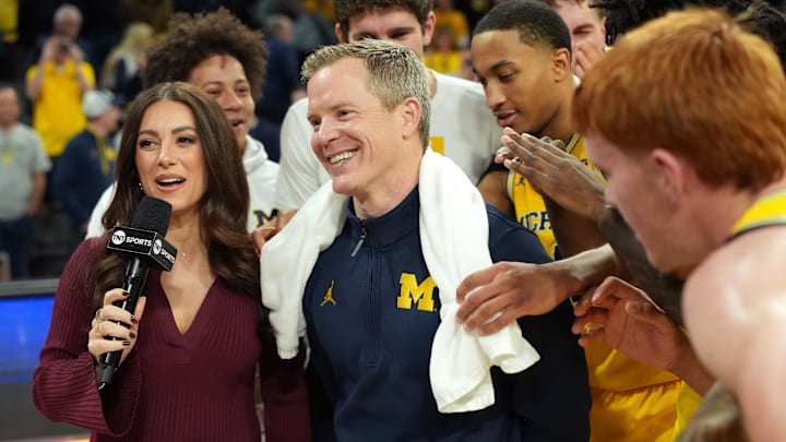 Nov 25, 2025; Las Vegas, NV, USA; Michigan Wolverines head coach Dusty May is interviewed after a 2025 Players Era Festival group play game against the Auburn Tigers .