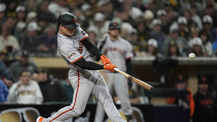 Mar 29, 2024; San Diego, California, USA; San Francisco Giants third baseman Matt Chapman (26) hits Mar 29, 2024; San Diego, California, USA; San Francisco Giants third baseman Matt Chapman (26) hits