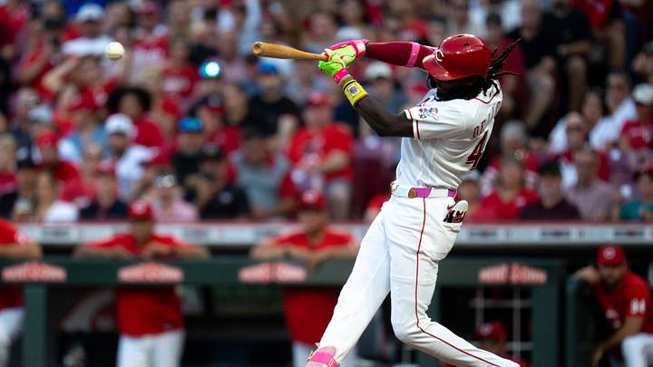 Cincinnati Reds shortstop Elly De La Cruz (44) hits a 2-run RBI double in the fifth inning between the Athletics and Cincinnati Reds at Great American Ball Park in Cincinnati on Tuesday, August 4, 2026. Cincinnati Reds shortstop Elly De La Cruz (44) hits a 2-run RBI double in the fifth inning between the Athletics and Cincinnati Reds at Great American Ball Park in Cincinnati on Tuesday, August 4, 2026.